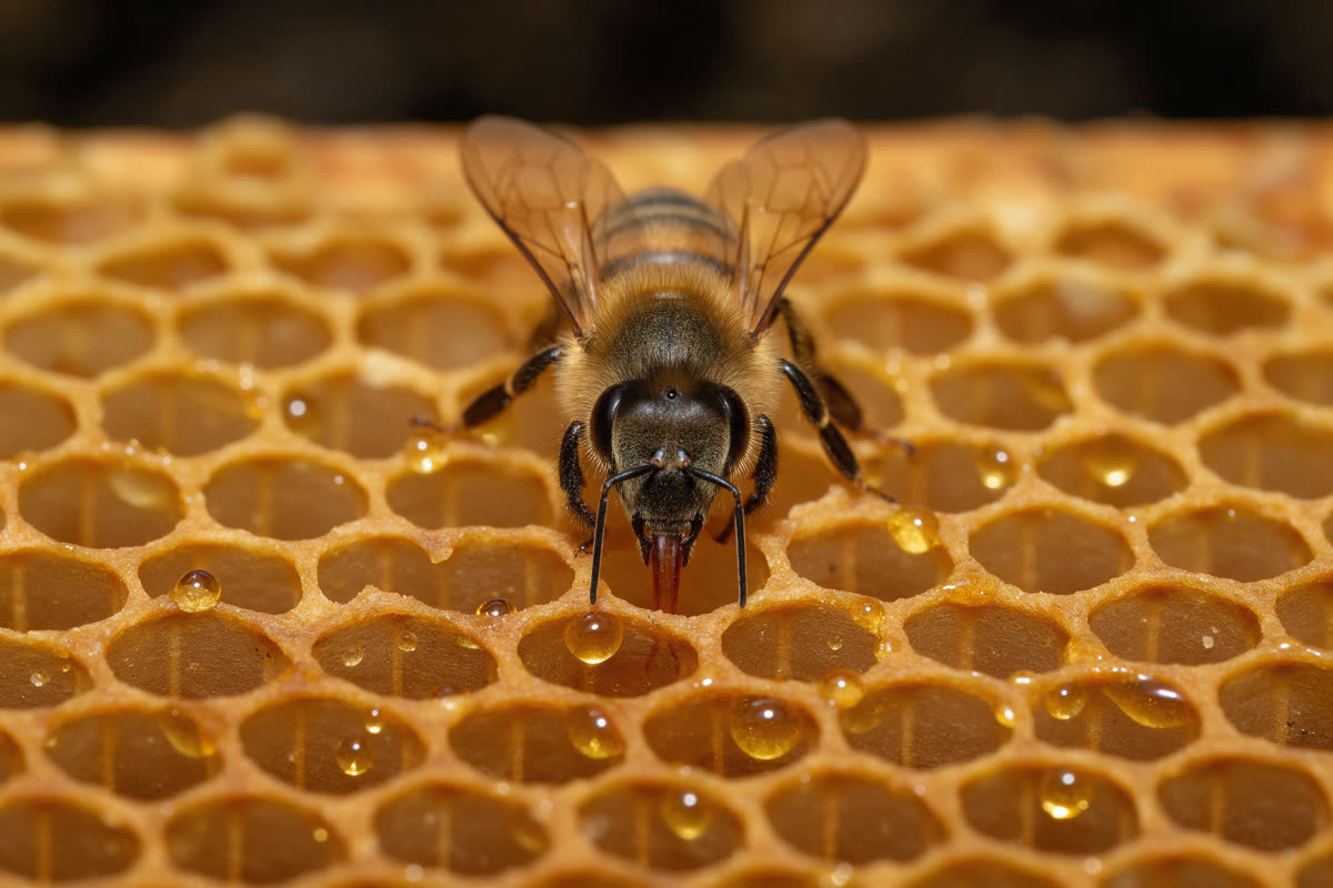 Macro photograph of a honeybee on a glistening honeycomb cell