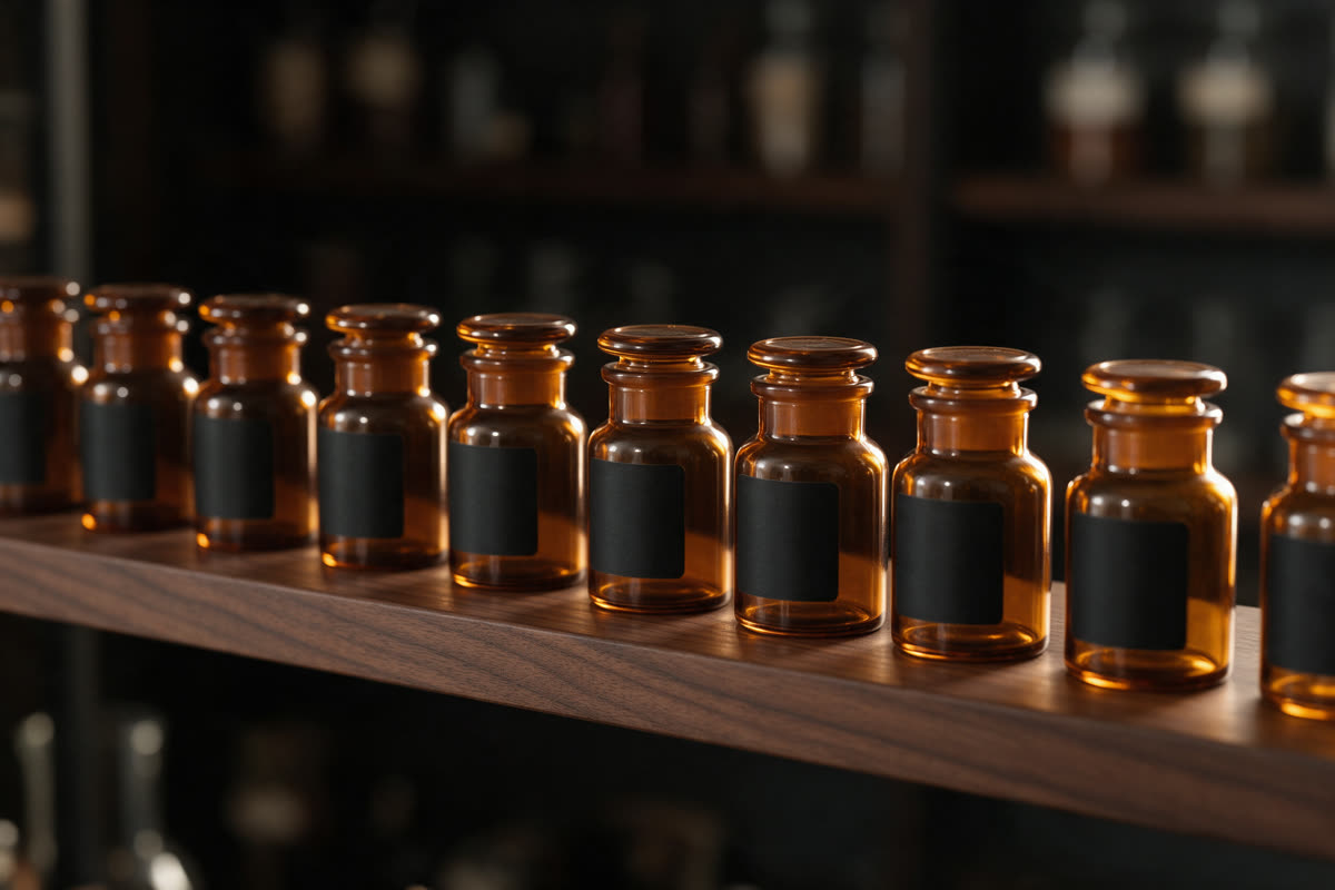 Row of small amber glass jars with blank black labels on a dark walnut shelf
