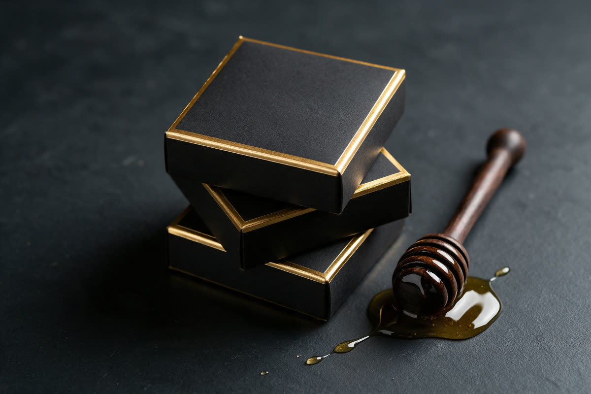 Matte black craft boxes with gold foil edges beside a honey dipper
